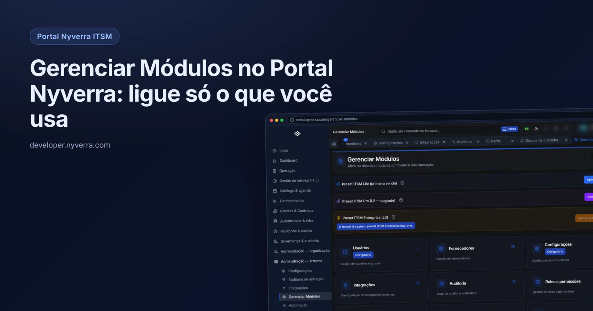 Gerenciar Módulos no Portal Nyverra: ligue só o que você usa