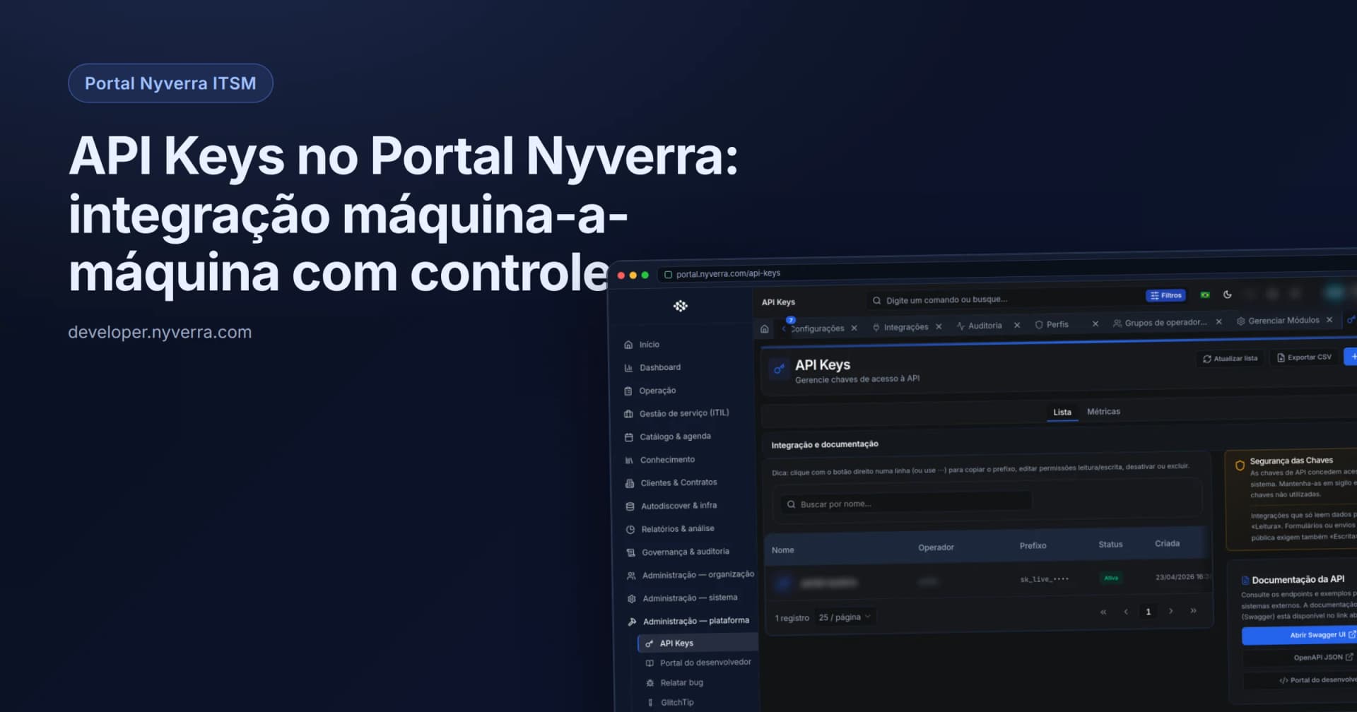 API Keys no Portal Nyverra: integração máquina-a-máquina com controle